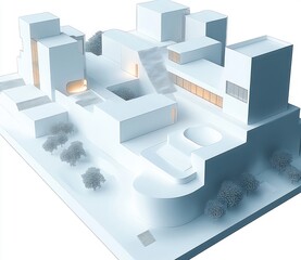 Fototapeta premium minimal white architectural model of modern cubic buildings with terraces, courtyards, stepped stairways, small trees and warm glowing windows, calm serene mood