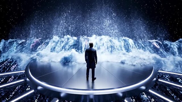 A futuristic, dark scene with a lone figure standing on a glowing circular platform