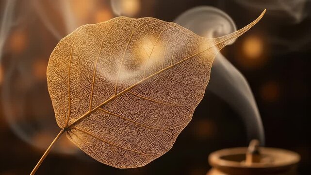 Golden Skeleton Leaf with Serene Incense Smoke and Bokeh Lights