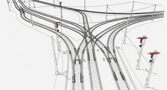 Complex railway tracks junction with signals and switches.