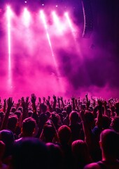 Obraz premium packed concert crowd with raised hands under magenta stage lights and smoky haze, energetic cheering and vibrant night atmosphere