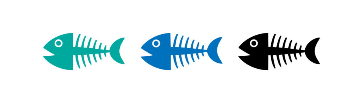 Three stylized fish skeletons in different colors