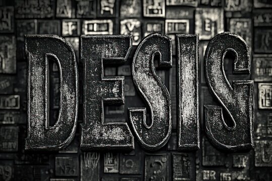 Close-up of large vintage metal letterpress type spelling the word design on worn blocks with gritty textured patina and dramatic moody lighting conveying nostalgic industrial feel
