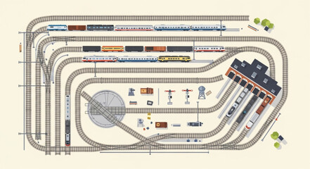 Detailed illustration of a model train layout with multiple tracks and trains. © rikop