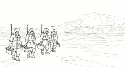 Obraz premium Line art of four winter explorers in parkas, carrying gear and supplies, traversing a vast frozen landscape with distant mountains and glaciers in the background.