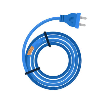 Coiled blue electrical extension cord with a flat twoprong plug showing exposed copper wire