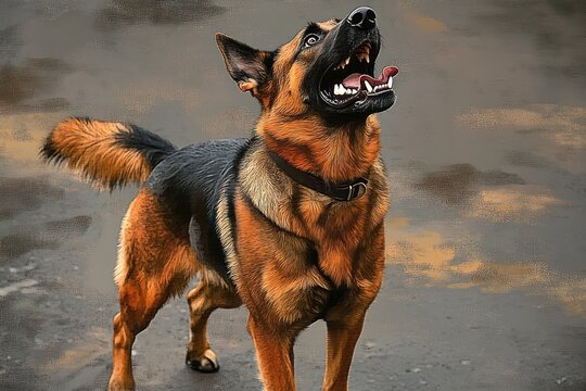 energetic german shepherd standing on wet pavement with collar, ears pricked and tail raised, mouth open showing teeth and tongue, looking upward with excited and alert expression