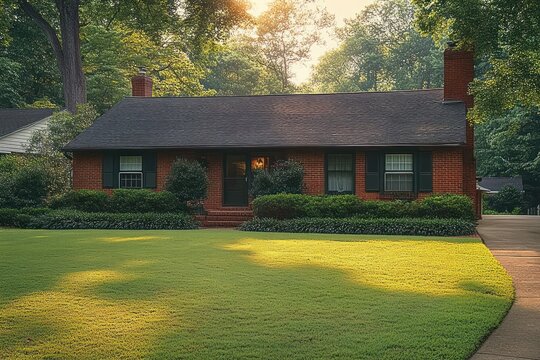 Sunlit single-story red brick house with dark roof, green shutters and chimney, manicured front lawn, trimmed hedges, tall shade trees and driveway, a peaceful suburban scene