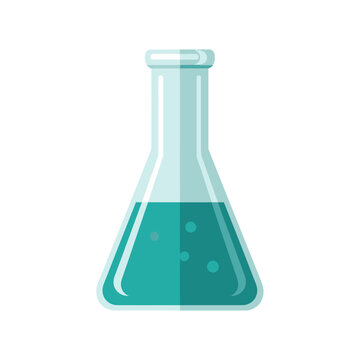 Flat illustration of an Erlenmeyer flask containing teal liquid with bubbles