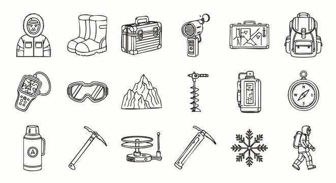 Set of Icons for Winter Mountain Climbing and Extreme Sports - Vector Illustration