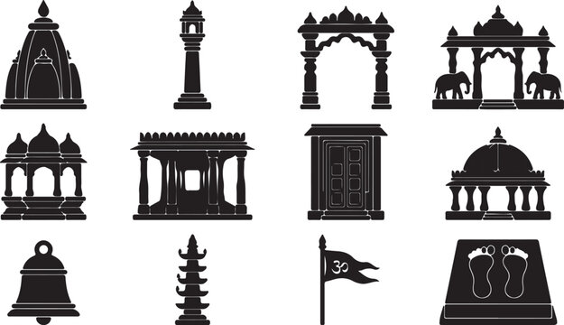 Mahavir Jayanti Silhouette Set of 12 Vector Icons Lord Mahavir Jain Religious Festival