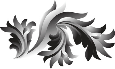 Fototapeta premium A sophisticated monochrome acanthus leaf ornament featuring dramatic grey and silver gradients. This 3D-styled scrollwork design creates a sense of depth and luxury, perfect for high-end branding