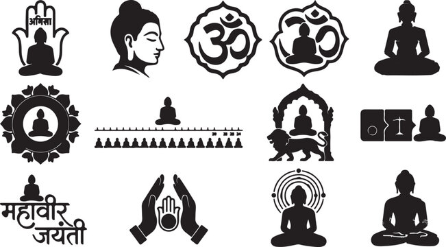 Mahavir Jayanti Silhouette Set of 12 Vector Icons Lord Mahavir Jain Religious Festival