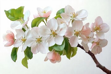 Fototapeta premium delicate apple blossom branch with pale pink and white flowers and fresh green leaves on a soft light background, serene spring bloom