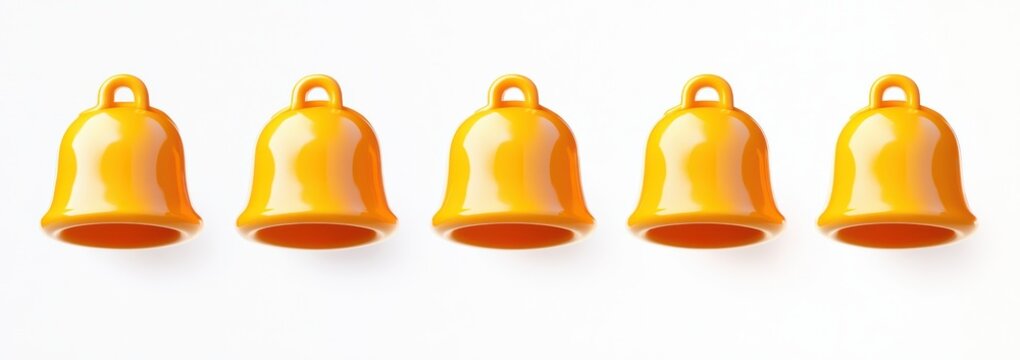 Five glossy yellow bells lined up on a clean white background, playful and cheerful minimalist composition