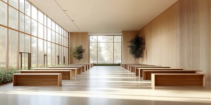 Minimalist sunlit wooden hall with rows of benches, floor-to-ceiling windows, indoor trees and calm serene atmosphere