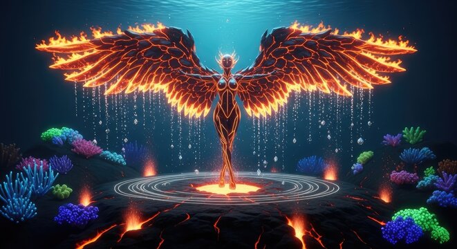 A luminous, ethereal figure with fiery wings and body, stands amidst an underwater volcanic landscape. The figure appears to emerge from a fiery core. Water surrounds
