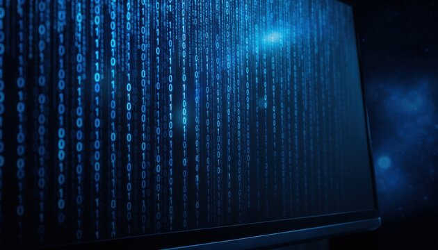 Digital rain of binary code streams across a dark futuristic technology background, representing data flow and computer programming.