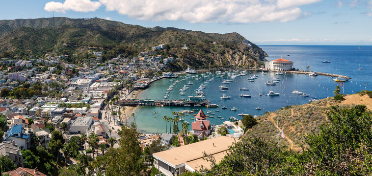 Scenic coastal town surrounded by green hills, overlooking a calm blue bay filled with boats and a distinctive round waterfront building.