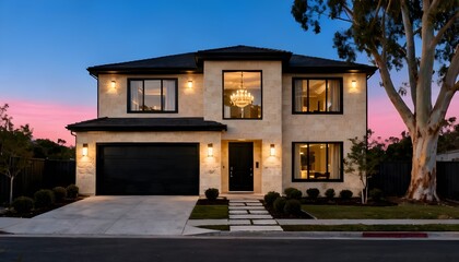 Fototapeta premium Front-On Dusk Architectural Photograph of a Modern Two-Story Luxury Home with Precise Facade Lighting and Clean Geometric Design, Featureing a Two-Car Garage and Landscaping, for Premium Real Estate L