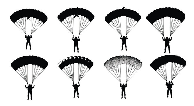 Eight skydivers descending with open parachutes a striking silhouette