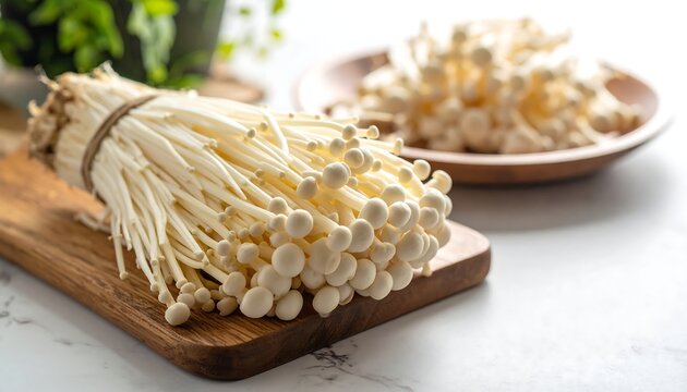 Fresh enoki mushrooms on a wooden board