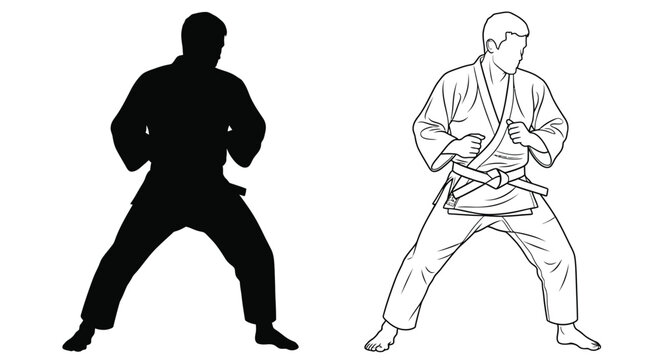 Judo practitioner in fighting stance shown as a striking silhouette