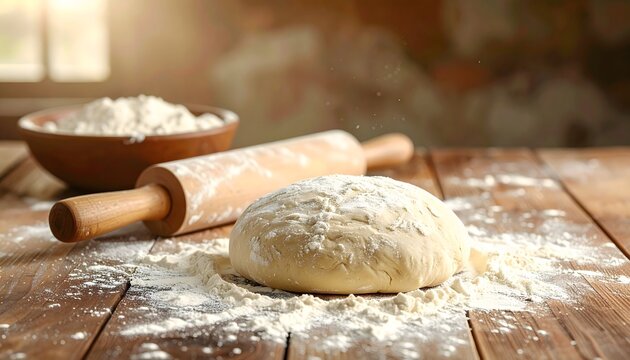 Fresh raw dough with flour and rolling pin on wooden table in a rustic kitchen sunlight.