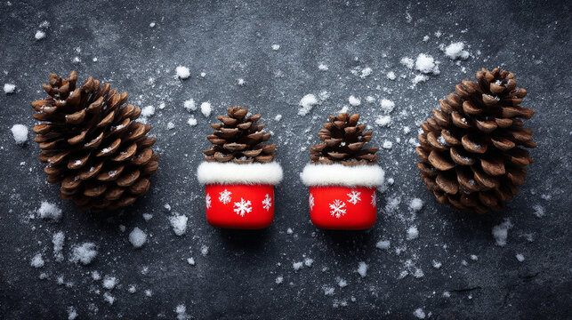 Pine cones and small Christmas trees on a snowy surface