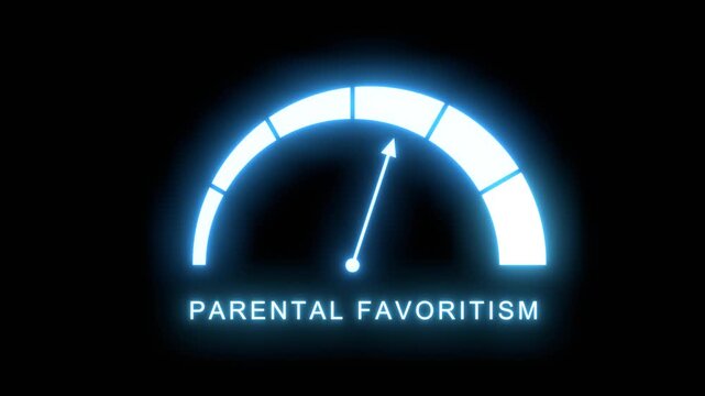 Neon glowing parental favoritism meter showing big risk levels. Dangerously increasing values, critical overload. Too much, off the charts. Abstract meter scale with arrow. Social concept.
