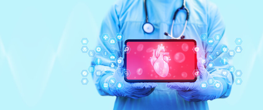 Doctor holding a tablet. Medical AI in cardiac health, telemedicine, and digital cardiology diagnosis with early arrhythmia detection and clinical monitoring. Isolated.