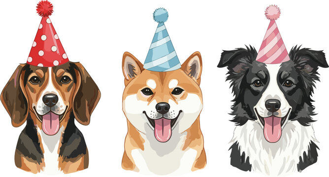 Cute Dogs Wearing Party Hats Including Beagle, Shiba Inu, and Border Collie in Realistic Style for Celebration Design, Pet Illustration, and Birthday Graphics