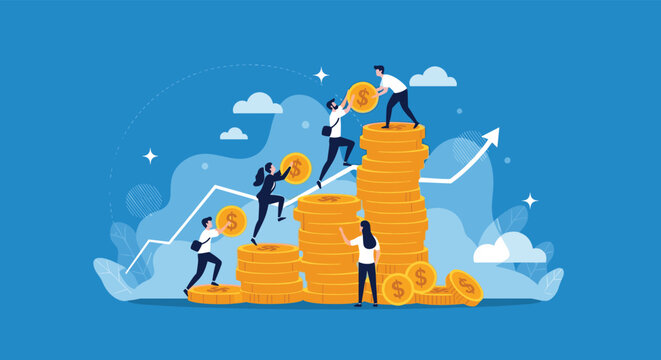 Diverse team of people working together to climb up growing stacks of gold coins symbolizing financial growth and career advancement.
