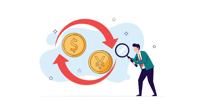Businessman using a magnifying glass to inspect circular red arrows revolving around dollar and yen coins for currency exchange analysis.