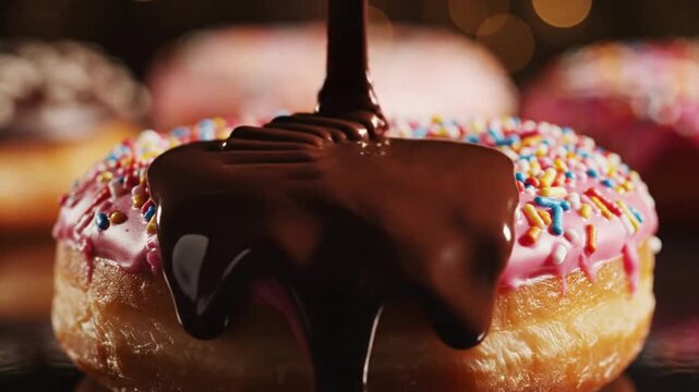 Rich Chocolate Syrup Drizzling over Pink Frosted Donut with Rainbow Sprinkles