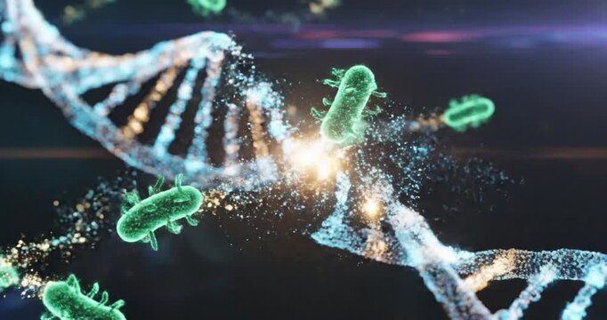 Close-up of glowing bacteria and microorganisms interacting with DNA strands in a vibrant background