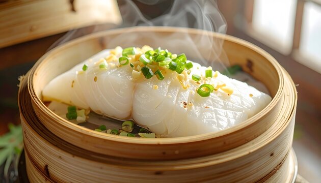 Steamed white fish fillet with ginger and scallions in a bamboo steamer basket with hot steam