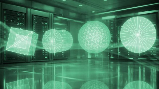 Turquoise color floating 3d objects with server racks data flow traffic on servers hi tech design loopable black technology 3D background