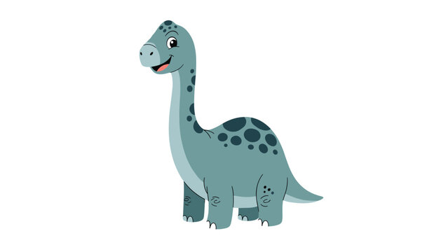 Friendly brontosaurus dinosaur with a long neck and blue-grey skin with dark spots standing on a white background.