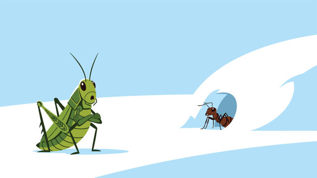 Scene from a classic fable showing a green grasshopper looking surprised as it watches an ant entering its underground home.