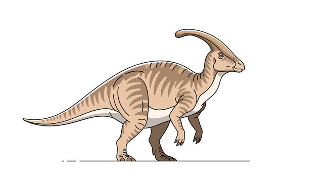 Herbivorous Parasaurolophus dinosaur with a long head crest and brown striped skin stands in a side profile view on a white background.
