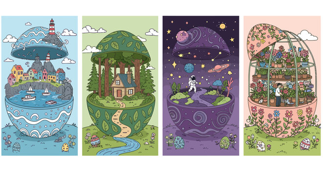 Whimsical miniature worlds in decorative bowls coastal town forest cabin outer space and greenhouse garden scenes