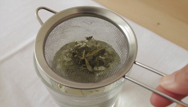 Close-up of fragrant loose leaf tea being brewed in a fine mesh strainer, releasing its delicate aroma and flavor into a glass