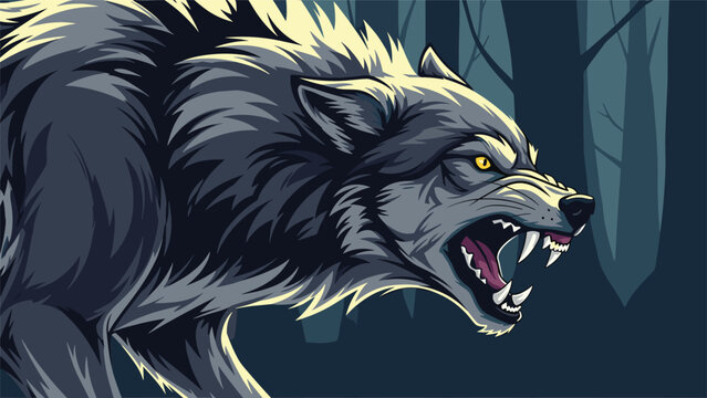 Fierce grey wolf with glowing yellow eyes snarling and showing sharp teeth in a dark, misty, and mysterious forest setting.