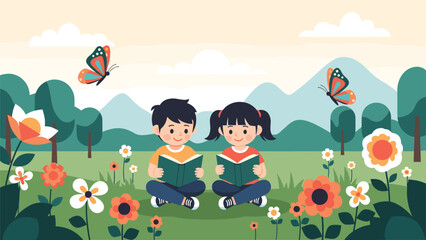 Obraz premium Young boy and girl sitting together in a lush flower meadow reading books with mountains and butterflies in the scenic background.
