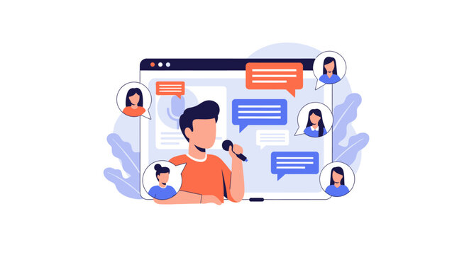 Illustration of a man speaking into a microphone on a computer screen with chat bubbles.