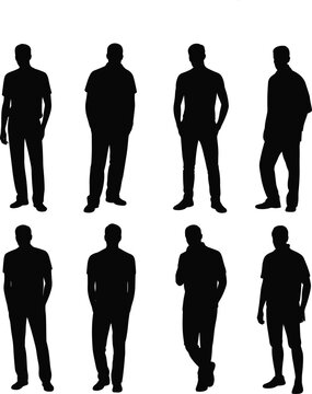 Collection of male human silhouettes standing in different poses isolated on white background for design, fashion, and lifestyle concepts
