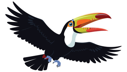 Obraz premium Colorful toucan with a large yellow and red beak is flying through the air, showcasing its distinctive plumage and tropical beauty.