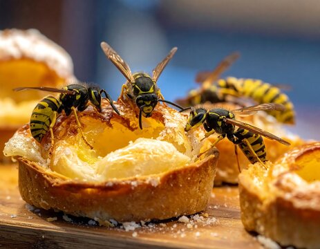 Yellowjacket wasps swarm sweet, custard-filled tarts dusted with powdered sugar on wood board