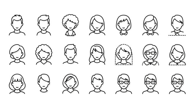 Diverse group of simple line art avatars representing men and women with various hairstyles and facial